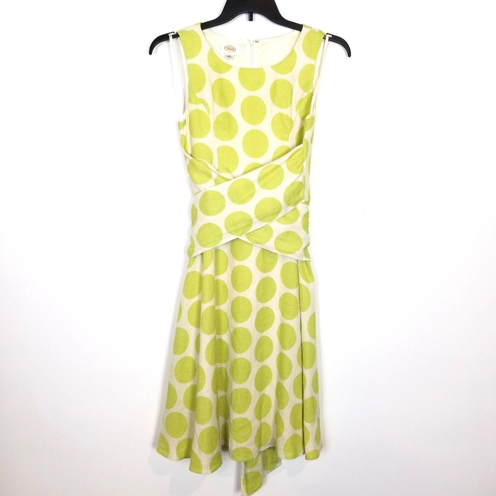Talbots Women 100% Linen Polka Dots Midi Dress Sz 8 Beige Green Retro Sleeveless